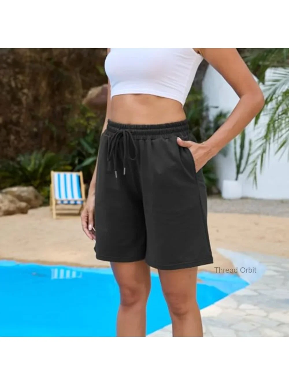Women's Athletic Shorts with Pockets, Elastic Drawstring Waist, Loose Fit